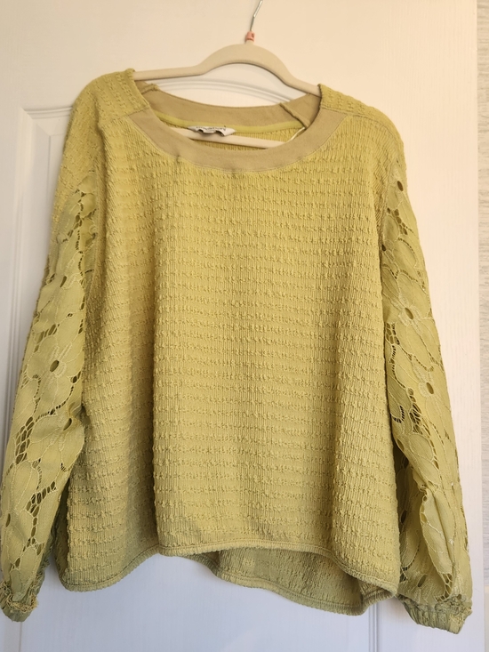 DAVI & DANI Tops - DAVI & DANI Pistachio Lace-Sleeve Knit Blouse L Euc